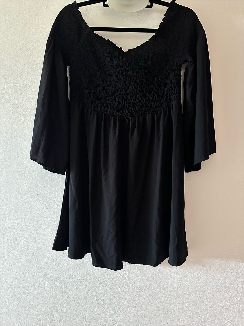 Oneyim black 3/4 sleeves mini dress, XL, with smocked front, new with tags.